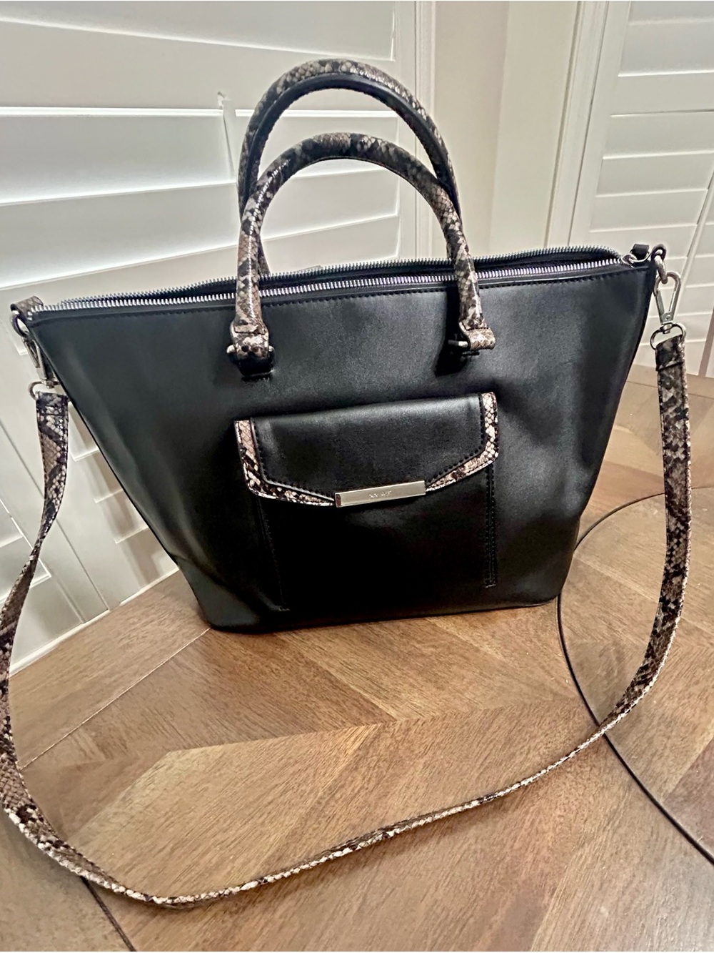 Brand New Nine West Black and Snake-Print Tote Bag with Adjustable Strap.